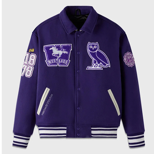 Veste universitaire Western University pour homme, en laine mélangée violette, avec patch brodé au dos, style preppy, pour l'automne - Product Image 2