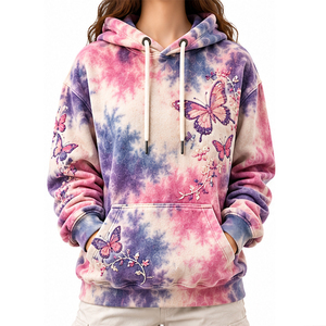 Sweat-shirts à capuche surdimensionnés brodés papillon tie-dye, pulls décontractés d'automne pour femmes, sweats à capuche tie-dye personnalisés 100% coton - Product Image 1