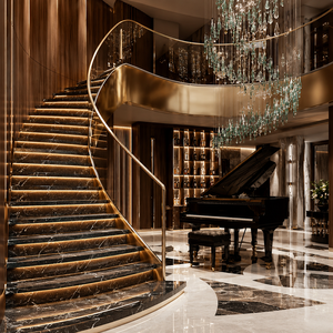 Escalier en colimaçon en bronze avec marches en marbre noir éclairées par LED, garde-corps en verre courbé et design de main courante en métal de luxe - Product Image 3