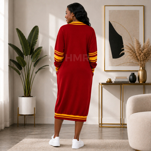HMR Sisterhood Sorority Cardigan en acrylique rouge tricoté à manches longues, col en V, longueur intégrale avec bordure jaune contrastée - Product Image 5