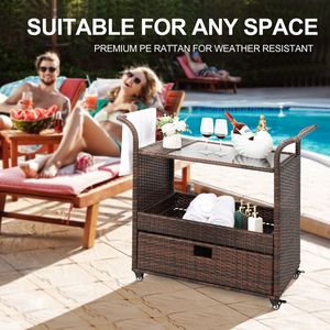 Carrello Bar da Esterno XH in Rattan Intrecciato con Ruote, Elegante Carrello Portaoggetti Mobile - Product Image 3