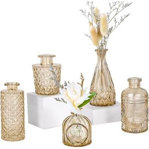 Set di 5 Piccoli Vasi in Vetro Ambrato, Mini Centrotavola Vintage per Matrimoni e Decorazioni da Tavola per Fiori Singoli - Product Image 4