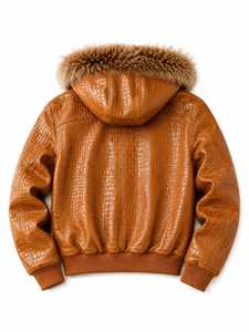 Chaqueta Bomber de Cuero PU Marrón Repujado para Hombre con Capucha de Piel, Estilo Motociclista, Resistente al Viento, para Invierno - Product Image 6