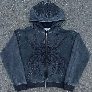 เสื้อฮู้ดซิปพิมพ์ลายโลโก้แบบนูนสำหรับผู้ชาย ผ้าฝ้ายฟลีซหนาน้ำหนัก 450 กรัม สไตล์วินเทจ ล้างสีแบบแอซิด ขอบเสื้อแบบริบ - Product Image 1