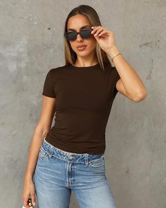 T-shirt en jersey de coton marron à col rond et manches courtes pour femme, coupe ajustée, couleur unie, respirant, toutes saisons - Product Image 5