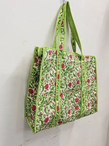 Quilted Cotton <b>Boho</b> Tote <b>Bag</b> Women Handmade White Green Floral Print Large Shoulder Shopper Travel Drawstring Closure - Product Image 3