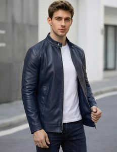 <b>Men's</b> PU Leather <b>Safari</b> <b>Jacket</b> Stand Collar Zipper Closure Solid Navy Blue Regular Length Autumn Wear Slim Fit Waterproof Front - Product Image 3