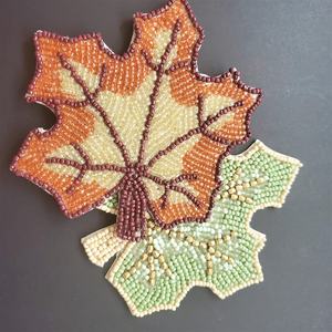 Handmade Beaded Maple Leaf Coasters Set Reusable Fabric <b>Bar</b> <b>Mats</b> Classic Autumn Design Orange Yellow Brown Pattern - Product Image 2
