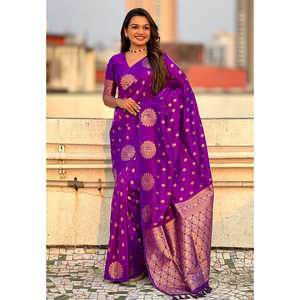 Sari en soie douce violette à double broderie zari avec bordure de paon, robes de soirée élégantes - Product Image 2