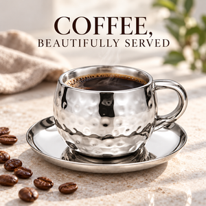 Ensemble tasse et soucoupe à expresso en acier inoxydable martelé avec poignée, tasse à café en métal à double paroi - Product Image 4