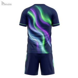 Kit de football unisexe OEM entièrement sublimé 100% polyester, col ras du cou, manches raglan, motif Ondes du Nord, uniforme de football, short bleu marine uni - Product Image 3