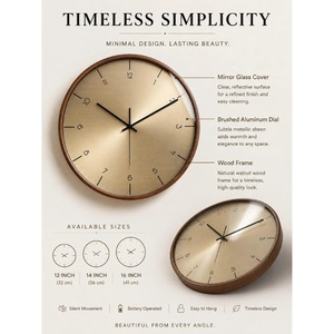 Horloge murale analogique en bois ronde, design minimaliste, silencieuse, décoration de salon - Product Image 4