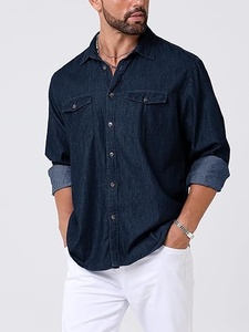 Chemise boutonnée en coton bleu foncé pour hommes, manches longues, couleur unie, coupe régulière avec poches, haut décontracté toutes saisons - Product Image 6