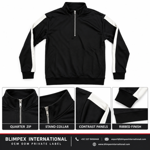 Sudadera Deportiva Personalizada para Hombre con Cierre de Cremallera, Paneles en Contraste Blanco y Negro, Cuello Alto, Marca Privada OEM - Product Image 5