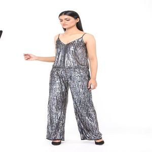<b>Women</b> Modern Silver Sequin Breathable Jumpsuit Sleeveless | Spaghetti Strap V Neck | Party Evening Wide Leg Pants <b>Romper</b> Elegant - Product Image 2