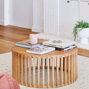 Modern Light Luxury Solid <b>Wood</b> <b>Round</b> <b>Coffee</b> <b>Table</b> With Vertical Slatted Base For Hotel Living Room Apartment - Product Image 1