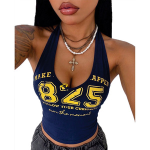 Custom logo Sexy Ladies Vintage Number Print Halter Tank <b>Top</b> Women Y2K Slim Fit Backless Camisole Streetwear OEM Women's Shirts - Product Image 4