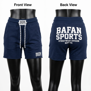 Shorts de sport pour femme en coton mélangé 260 GSM de haute qualité, respirants, bleu marine, avec impression personnalisée du logo. - Product Image 4