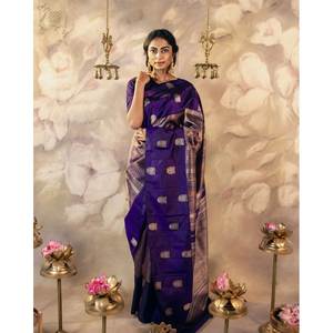 ATTRACTIVE BANARASI SOIE Tissage SAREE DE TRAVAIL AVEC CHEMISIER NON COUDU VIOLET - Product Image 1