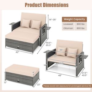 Sofá Loveseat Relajante para Patio con Otomana y Bandeja Retráctil, Comodidad Ajustable, Almacenamiento y Diseño Elegante para Espacios Exteriores - Product Image 5
