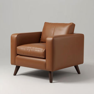 Sillón de Cuero Color Coñac de Estilo Moderno de Mediados de Siglo, Patas de Madera Maciza, Cómodo Sillón de Acento para Sala de Estar o Apartamento - Product Image 2