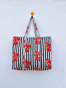 Bohemian <b>White</b> And Blue Stripped Cotton Tote <b>Bag</b> With Red Strawberry Print Summer Casual Zipper Shopping Travel Handbag - Product Image 6