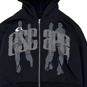 เสื้อฮู้ดดี้ทรงหลวมสไตล์วินเทจ ล้างสีแบบแอซิดวอช ปักโลโก้แบบดิสเทรสตามสั่ง (OEM) พร้อมกางเกงวอร์มทรงขาบาน ชุดแทรคสูทเนื้อหนาสำหรับผู้ชาย - Product Image 3