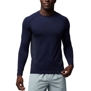 T-shirt de sport à manches longues pour homme, bleu foncé, coupe ajustée, séchage rapide, tricoté, col rond, couleur unie - Product Image 6