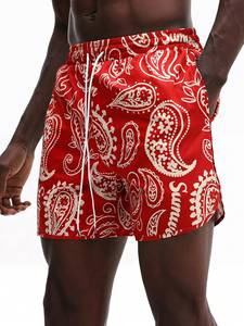 Traje de baño rojo con estampado paisley para hombre, cintura media, con cordón ajustable, de secado rápido, pantalones cortos de poliéster tejido, hecho en Pakistán. - Product Image 1