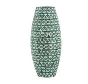 Vase de table artisanal en nacre avec motif géométrique vert en mosaïque, style méditerranéen, finition brillante, forme ronde pour arrangements floraux - Product Image 1