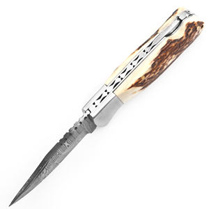 Nuevo cuchillo personalizado de acero de Damasco con hoja de punta caída y mango de hueso, espesor de hoja de 0.6 mm, cuchillos plegables para caza. - Product Image 4