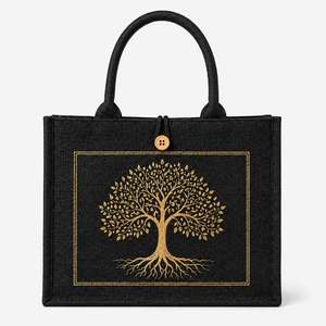 Black Laminated Jute Tote <b>Bag</b> Golden Print <b>Tree</b> Pattern Button Closure Eco Friendly Reusable Wedding Groceries Wine Custom Logo - Product Image 1