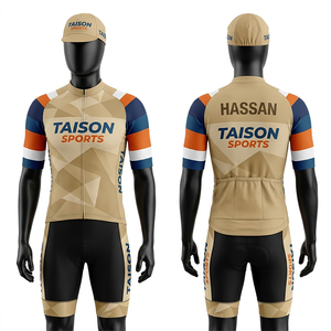 Tenue de cyclisme homme en polyester et élasthanne 180 GSM, tissu respirant, design bleu et or, logo personnalisé par sublimation, coupe performance. - Product Image 2