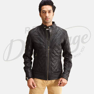 Blouson de motard en cuir matelassé noir de qualité supérieure pour homme, en peau de mouton véritable, coupe ajustée, avec surpiqûres losanges, style mode moto - Product Image 1