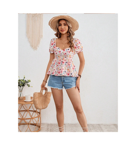 Chemisier à manches courtes pour femme, imprimé floral uni, doux, léger, respirant, en polycoton, confortable, haut d'été pour les sorties décontractées - Product Image 3