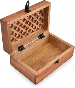 Hand Crafted Lattice Cutout Wooden <b>Storage</b> Box Open Lid Jali Carved Keepsake <b>Chest</b> Vintage Latch Lock Jewelry Organizer Case - Product Image 1