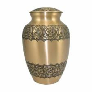 Urne funéraire classique en laiton doré pour cendres humaines, taille standard, gravée à la main avec motifs floraux, récipient funéraire en métal. - Product Image 1