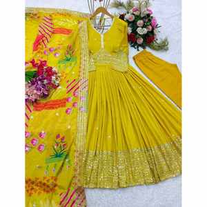 VESTIDO DE TRABAJO BORDADO DE SECUENCIA CHINON FANCY CON MOSTAZA DUPATTA - Product Image 5