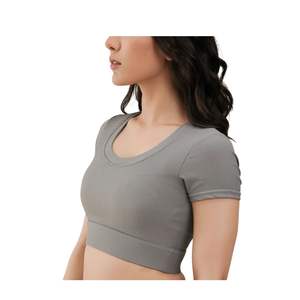 Custom OEM Women Ribbed Short Sleeve Fitness Crop Tee Breathable <b>Stretch</b> Yoga Training Gym Activewear Slim Fit Sports Top - Product Image 2