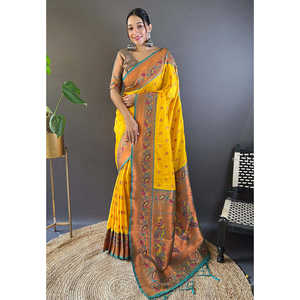 Sari en soie Paithani jaune Meenakari original, tissé avec des fils Zari, écharpe et châle traditionnels Maharashtrien - Product Image 3