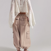 Pantalon de survêtement décontracté beige en molleton de coton pour femme, coupe ample, taille élastique, longueur cheville, style printemps, couleur unie, effet délavé vintage, avec poches
