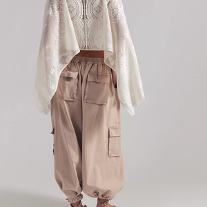 Pantalon de survêtement décontracté beige en molleton de coton pour femme, coupe ample, taille élastique, longueur cheville, style printemps, couleur unie, effet délavé vintage, avec poches - Product Image 2