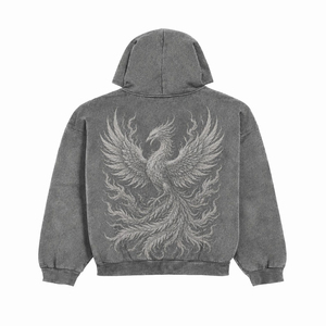 Sweat-shirt gris surdimensionné pour homme OEM ODM avec imprimé phénix au dos et poche kangourou, épaules tombantes, logo personnalisé - Product Image 5