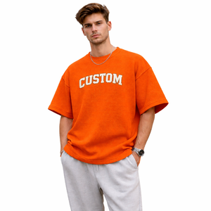 T-shirt surdimensionné en maille gaufrée avec logo personnalisé pour homme, épaules tombantes, streetwear, coton texturé, tee-shirt décontracté d'été, OEM ODM - Product Image 2