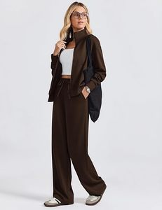 Ensemble pull zippé en maille marron pour femme avec poches, col rond, luxe décontracté, couleur unie, coupe ample, léger, toutes saisons - Product Image 4