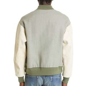 Chaqueta Varsity Azul Marino para Hombre, con Logotipo Personalizado, Mangas de Cuero, Bordado, Cuello Alto, Estilo Universitario, para Parejas - Product Image 3