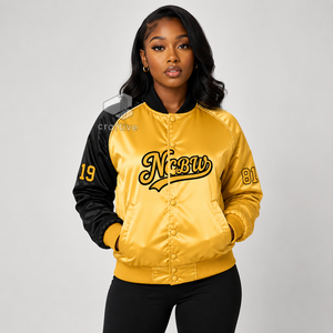 Veste universitaire noire et dorée contrastante en satin pour femme NCBW Sorority, avec boutons-pression sur le devant, col et poignets en tricot côtelé, style universitaire - Product Image 6
