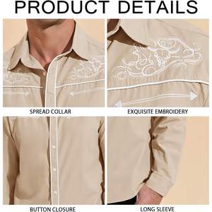Camisa de Vestir Estilo Vaquero Occidental para Hombre 2025, de Poliéster/Algodón, Franela Tejida, Manga Larga, con Botones, Bordada, Casual, Corte Ajustado, Vintage - Product Image 2