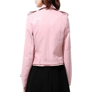 <b>Pink</b> Genuine Leather Eco-Friendly <b>Waterproof</b> Varsity <b>Jacket</b> Women's Stand Collar Zipper Closure Full Sleeve Autumn Style Belt - Product Image 2
