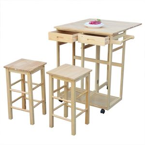 Solid Square Old Code 95835468 Natural Wood <b>Folding</b> Dining Cart with 2 Free <b>Stools</b> Kitchen Islands & Carts - Product Image 4